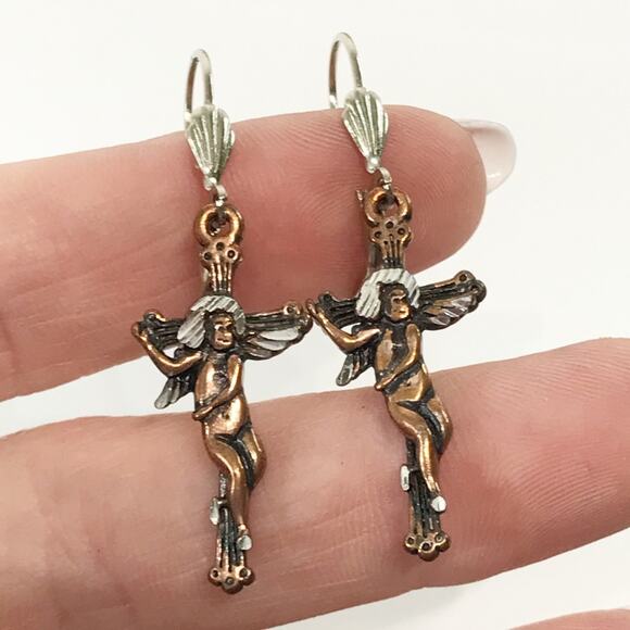 Artist Signed J96 Etched Copper Cherub Angel on Cross Drop Earrings - Picture 1 of 12